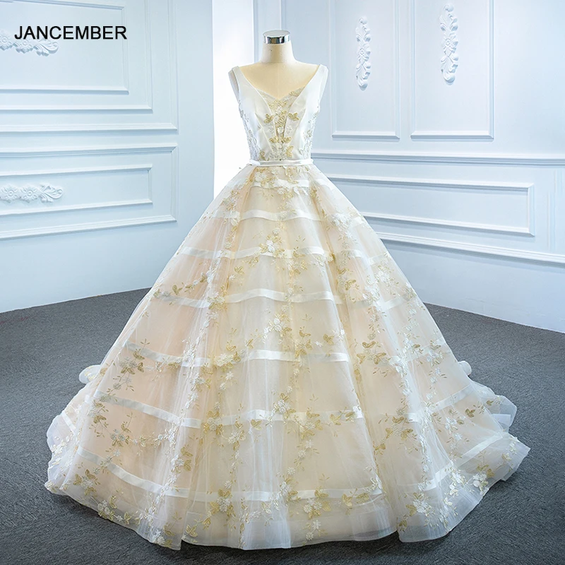 

J66608 jancember wedding dresses appliques floor length with train v-neck lace up back ball gown bridal dresses vestido de noiva