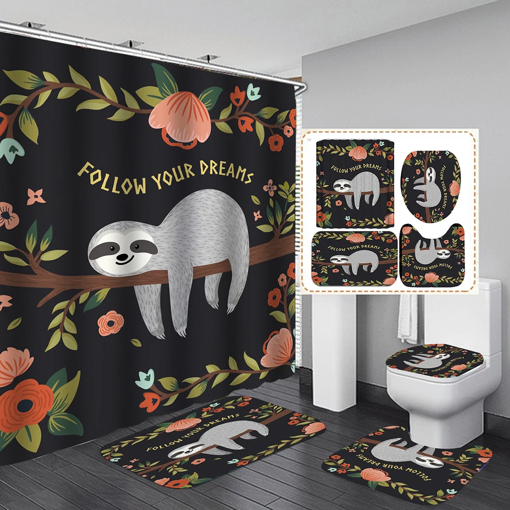 

Cute Cartoon Sloth Bathroon Shower Curtain Sets For Children with Non-Slip Rugs Toilet Lid Cover and Bath Mat For Home Decor