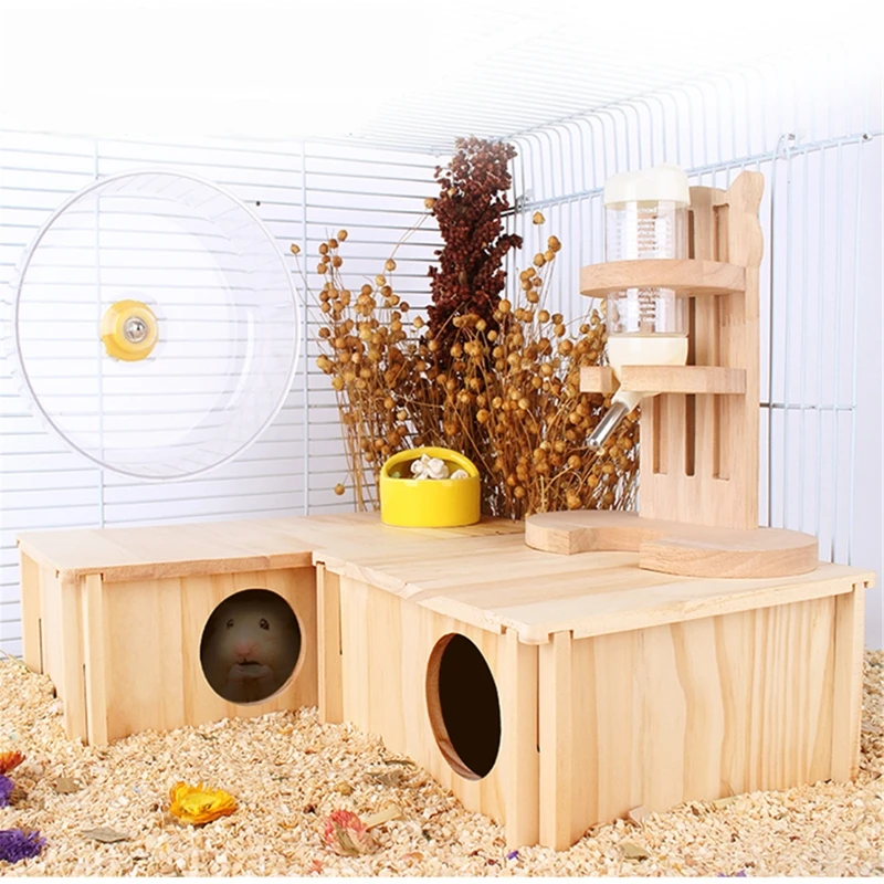 

Hamster Wooden House Small Pets Hideout 2 Chambers Nesting Habitat for Gerbils