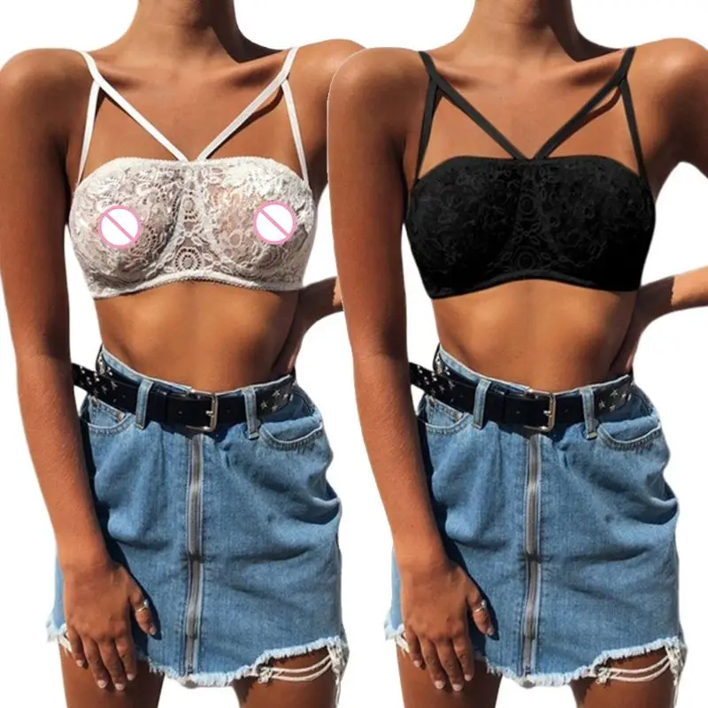 

Womens Sexy Deep V-Neck Strappy Bandage Bralette Spaghetti Strap Backless Crop Top Hollow Out Full Sheer Floral Lace Underwear