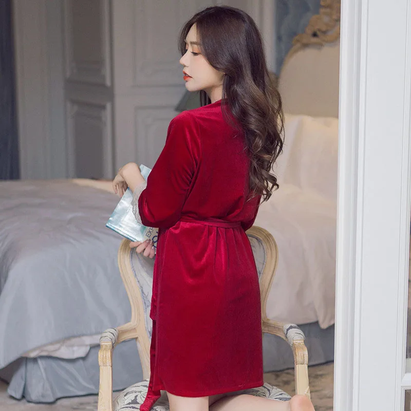 Красная бархатная сексуальная ночная рубашка ночной халат набор для женщин 2 в 1