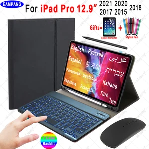 Чехол для iPad Pro 12,9, клавиатура, мышь, Apple iPad Pro 12,9, 2015, 2017, 2018, 2020, 2021, английский, русский, испанский, арабский, чехол для клавиатуры