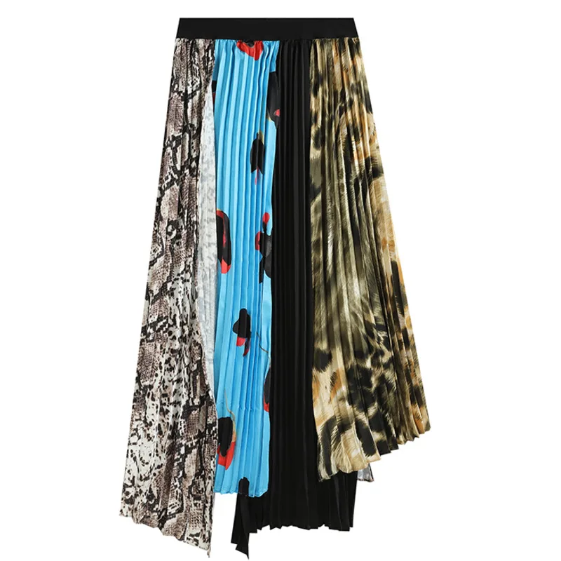 

IEQJ Korea Chic Casual Fashion Irregular Printing Loose High Waist Color Contrast Folds All-match Skirt Women Summer 2021 3C0020