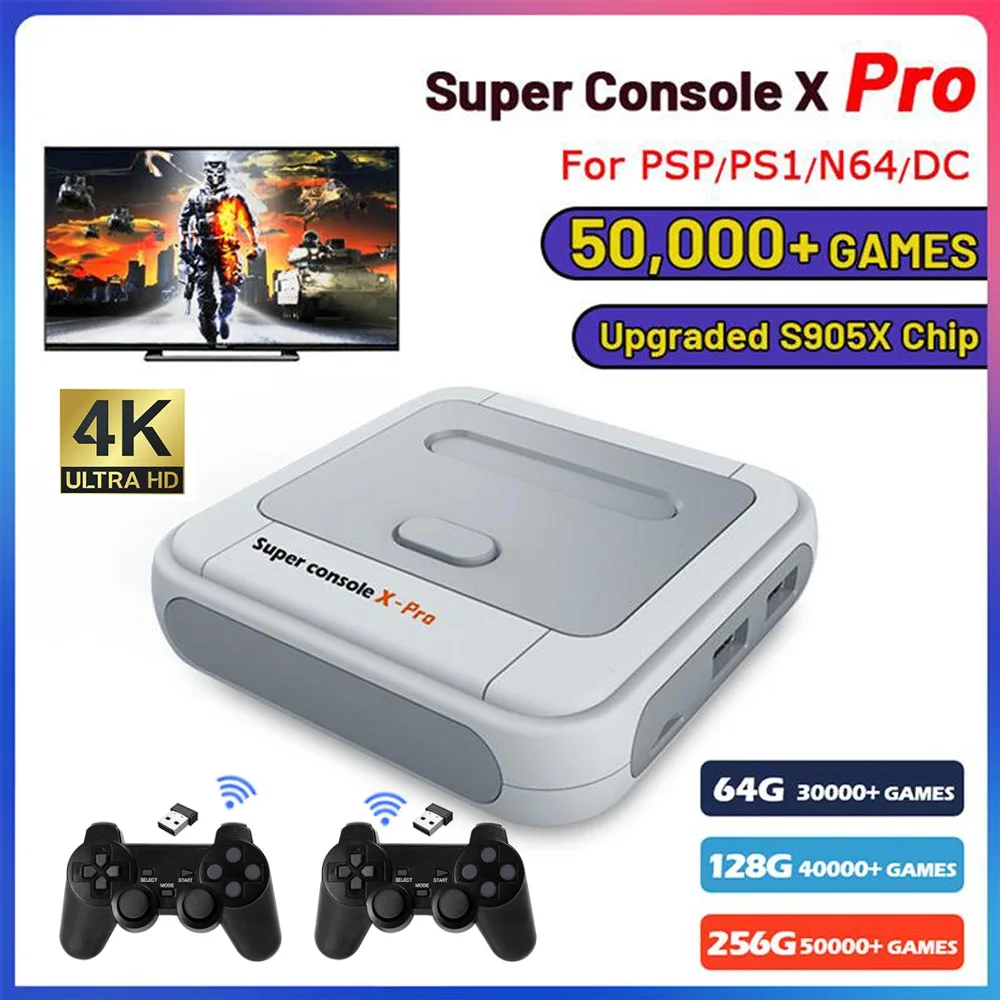 

Игровая консоль X PRO, ретро, Wi-Fi, 33000 + игр, двойная система, 4K HD ТВ, видео, игровые консоли для PS1/N64/DC 64G 256G