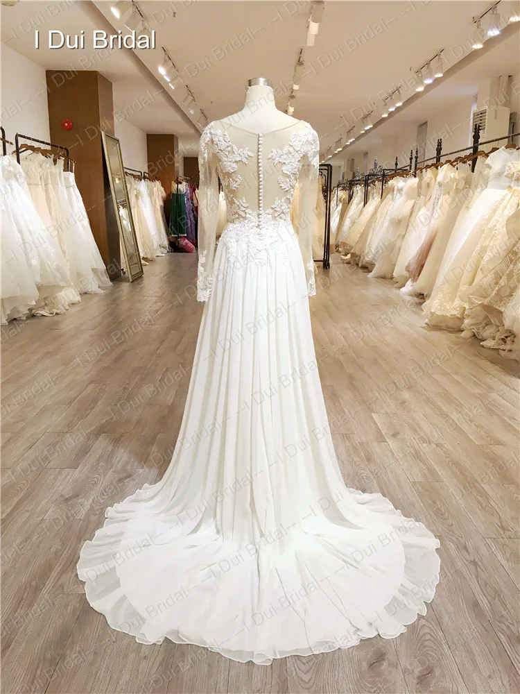 Long Sleeve Illusion Corset Wedding Dress with Floral Lace Appliqued Beaded Chiffon Skirt A Line Bridal Gown