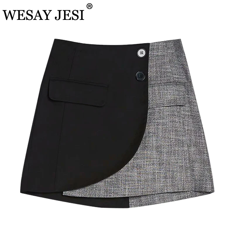 

WESAY JESI Spring Women Mini Skirt Chic Fashion Patchwork Asymmetric Vintage High Waist Back Zipper Pocket Decorative Skirts