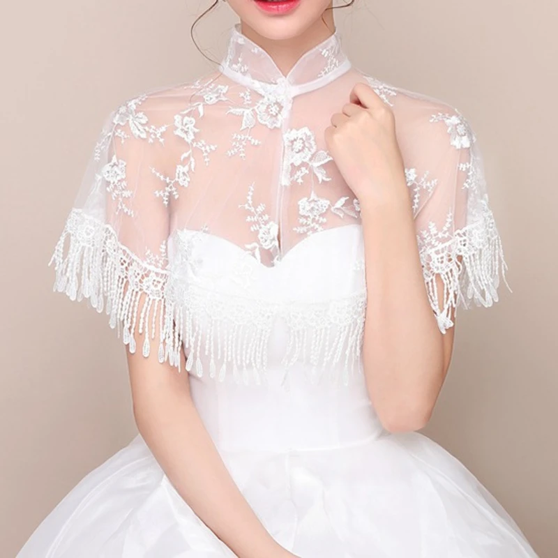 

High Neck Jacket Wedding Bolero Floral Lace Tassel Bridal Wraps Cape Women Shrug