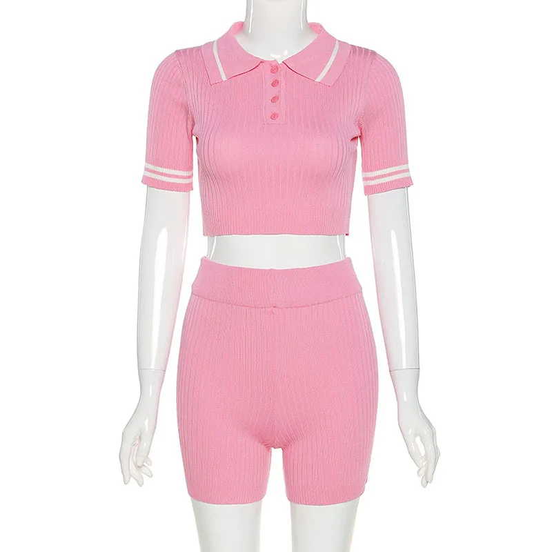 

ZKYZWX Stretch Ribbed Knitted 2 Piece Set Women Tracksuit Summer Outfits Crop Top Biker Shorts Sweat Suits Two Pcs Matching Sets