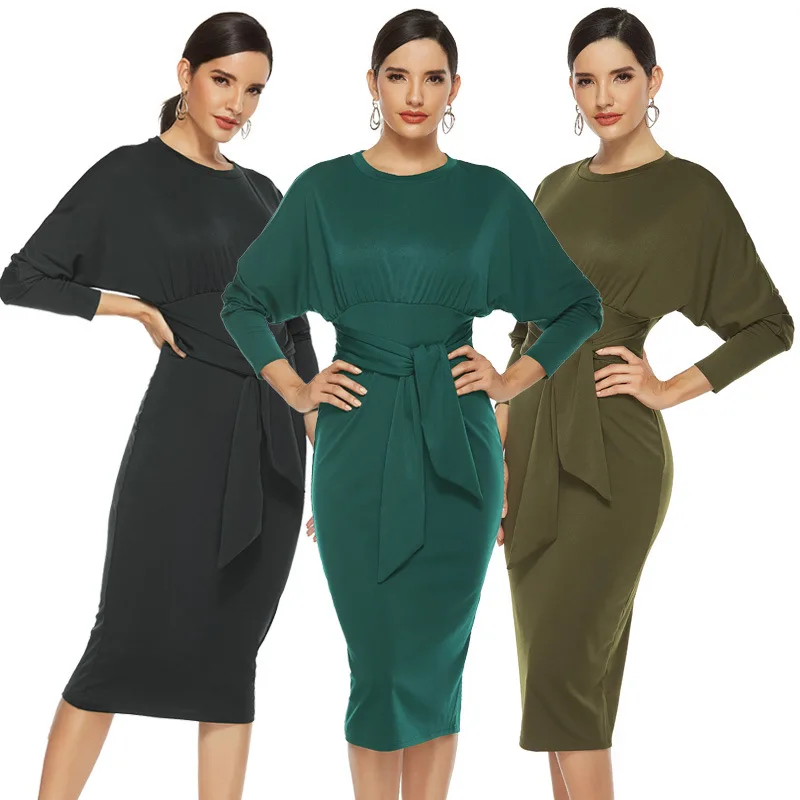 

new Long Sleeve Buttock Wrapped Women's Round Neck Autumn Winter Solid Color Bandage Waist Closing Women Dress
