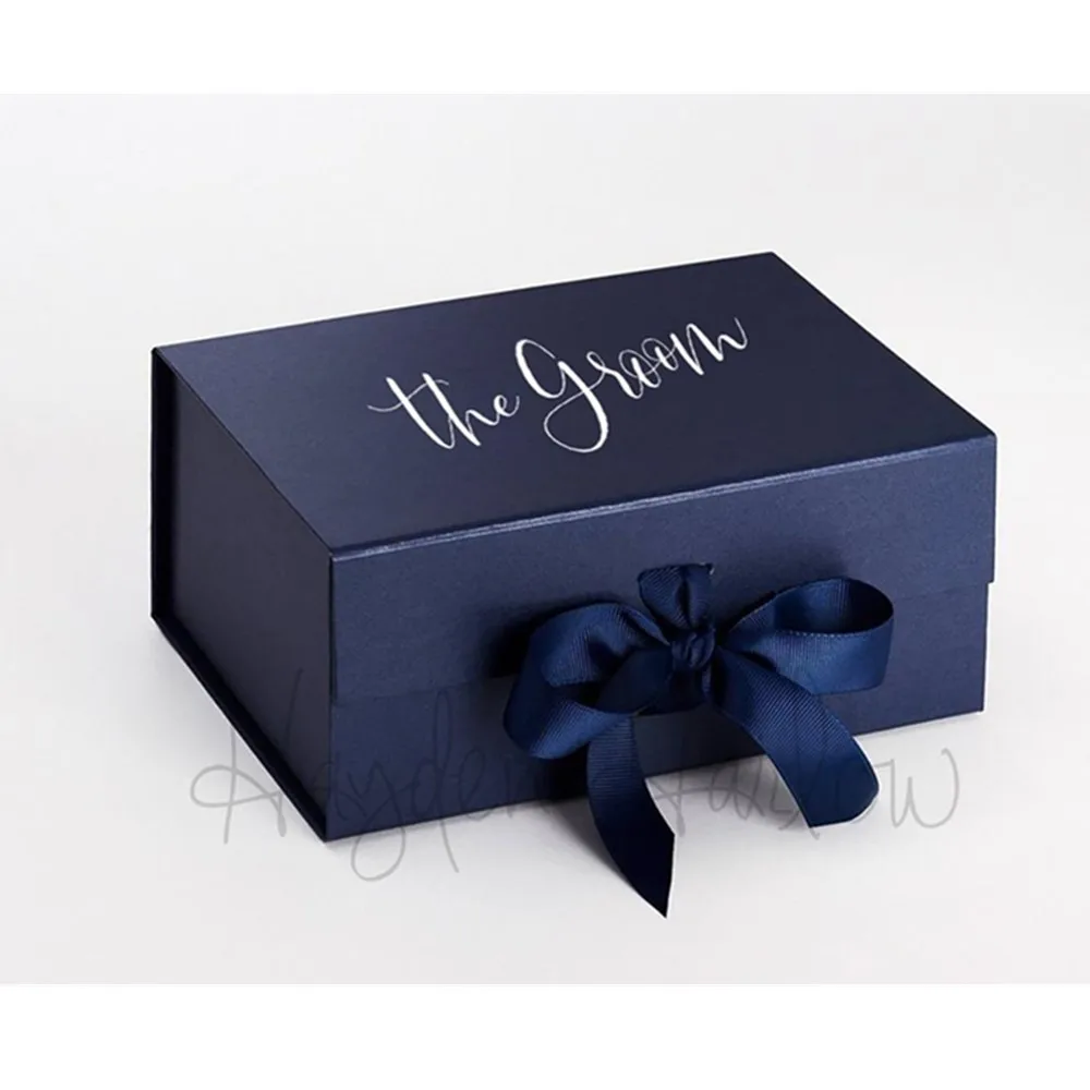 

Personalized Luxury Gift Box with Ribbon Groom Groomsmen Bride Bridesmaid Shower Gift Food safe MEDIUM Rectangle (A5D Box)