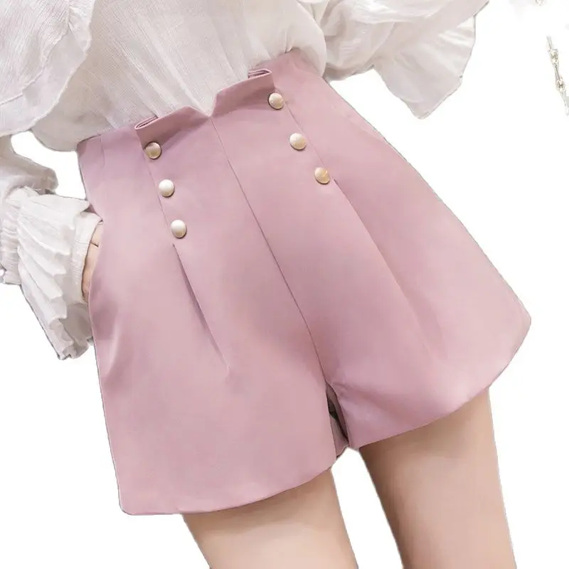 

2021 Summer Elegant High Waist Shorts Women Casual Solid Wide Leg Loose Buttons Short Pants Korean Fashion A-line Woman Shorts