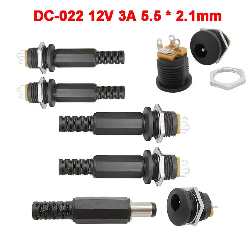 

50PCS (25Pair) 12V 3A 5.5 x 2.1mm Plastic Male Plugs DC022 DC Power Socket Female Jack Screw Nut Panel Mount Connector 5.5*2.1MM