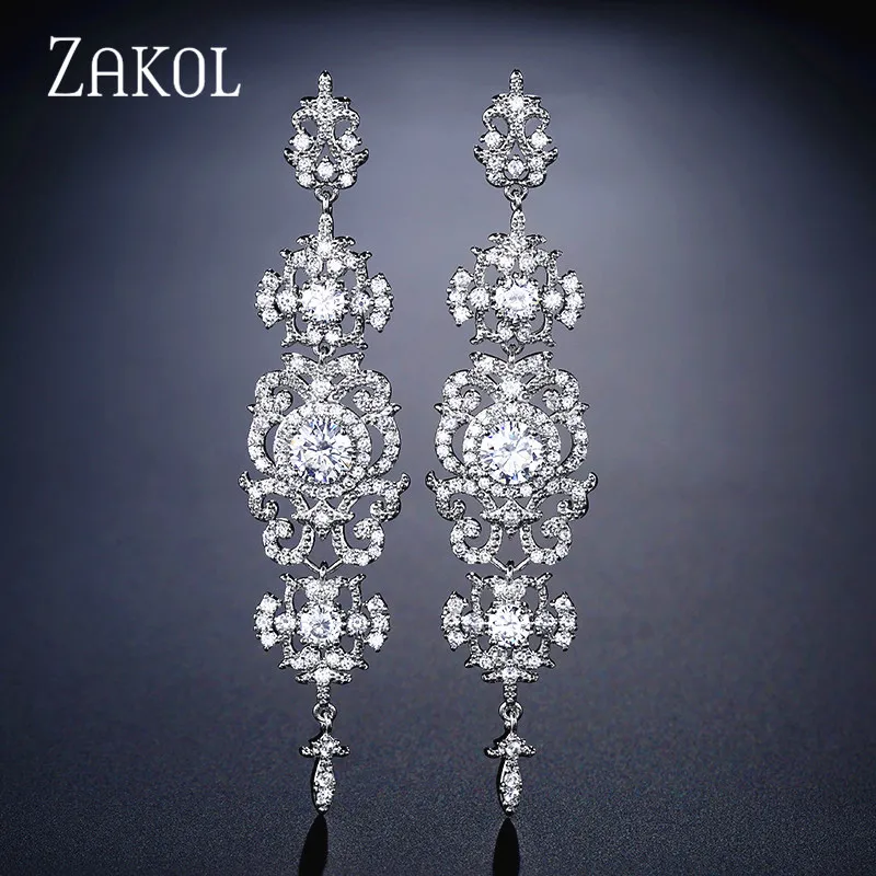 ZAKOL Роскошные циркониевые Свадебные Висячие серьги для женщин модные свадебные