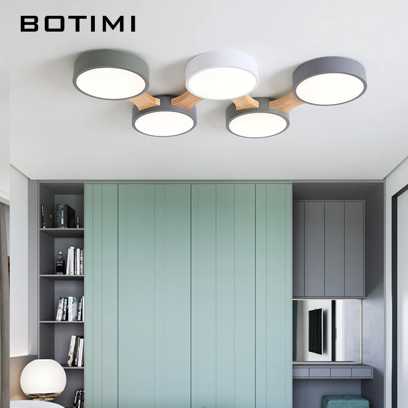BOTIMI 220V светодиодный потолочный светильник s с круглым металлическим абажуром для гостиной современный поверхностный потолочный светильник Деревянный светильник для спальни