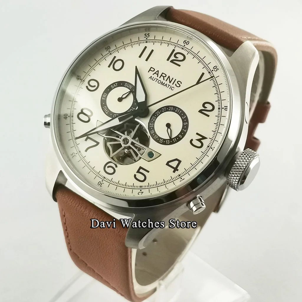 Мужские часы с календарём и недели Parnis оранжевые коричневым ремешком диаметром 48