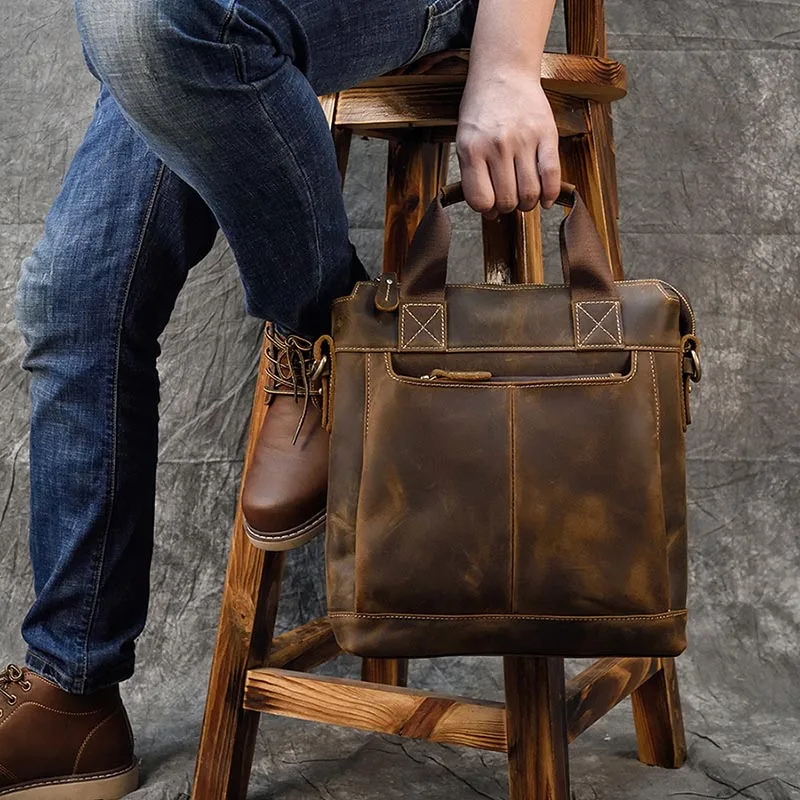 Мужская винтажная деловая сумка из натуральной кожи А4 через плечо коричневая