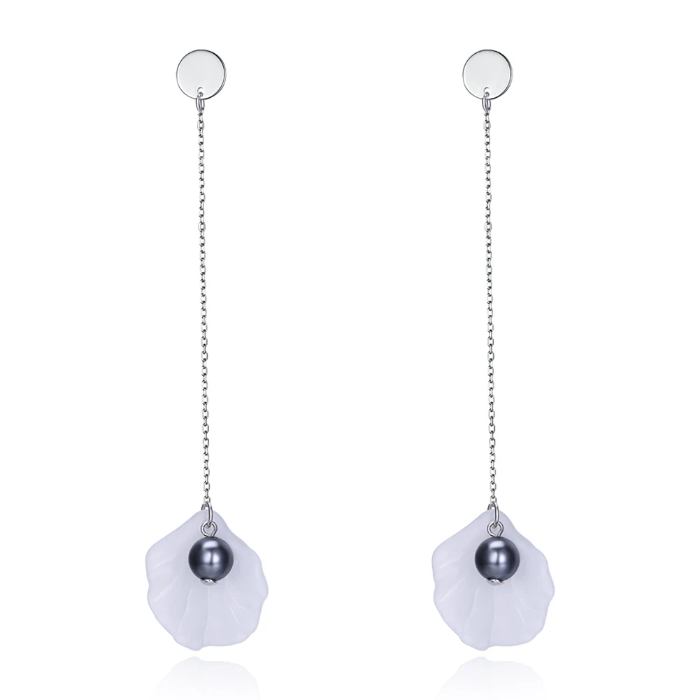 

ZEMIOR Long Tassel Women Earrings 925 Sterling Silver Sector Shell And Imitation Pearl Drop Earring Female Fine Jewelry Best