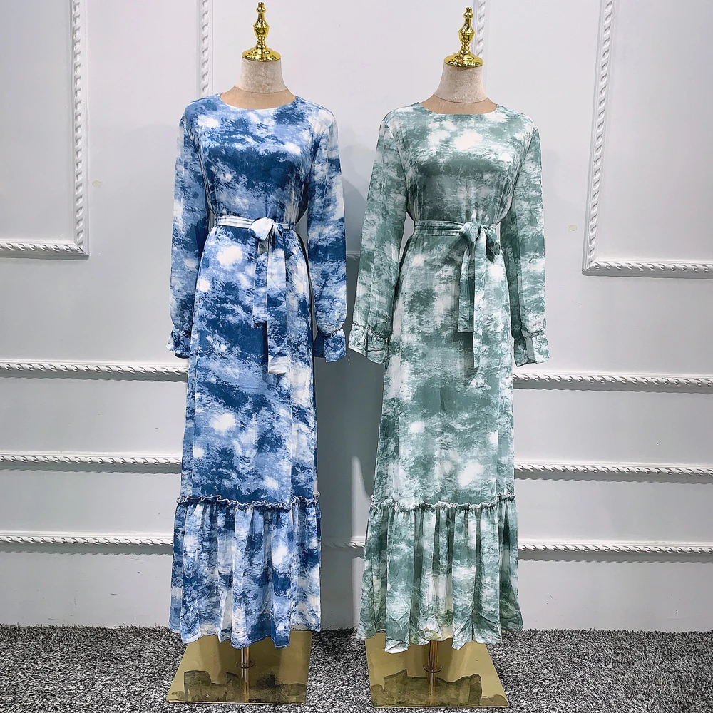

Muslim Women Long Dress Tie Dye Long Sleeve Arab Kaftan Abaya Kaftan Dubai Turkish Ramadan Casual Islamic Eid Holiday New
