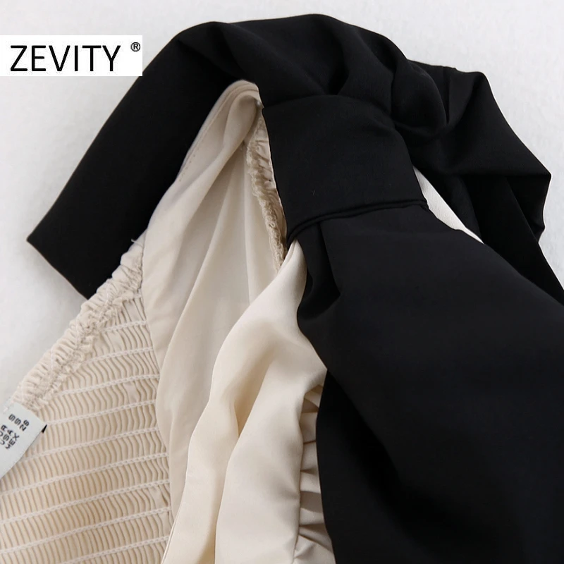 ZEVITY women sexy single shoulder black bow asymmetric smock blouse shirt pleats elastic chic blusas femininas tops LS7128 | Женская