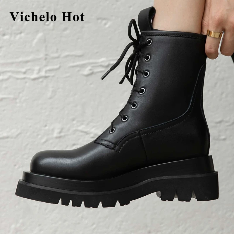 

Популярные сапоги для верховой езды Vichelo из натуральной кожи с круглым носком на высоком каблуке в британском стиле школьная красивая женск...