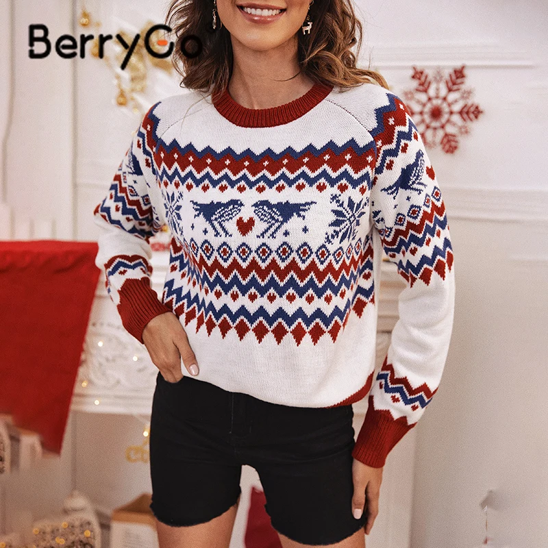 

BerryGo Christmas sweater women Autumn winter animal pattern female sweater Casual long sleeve O-neck knitted pullover 2021 new