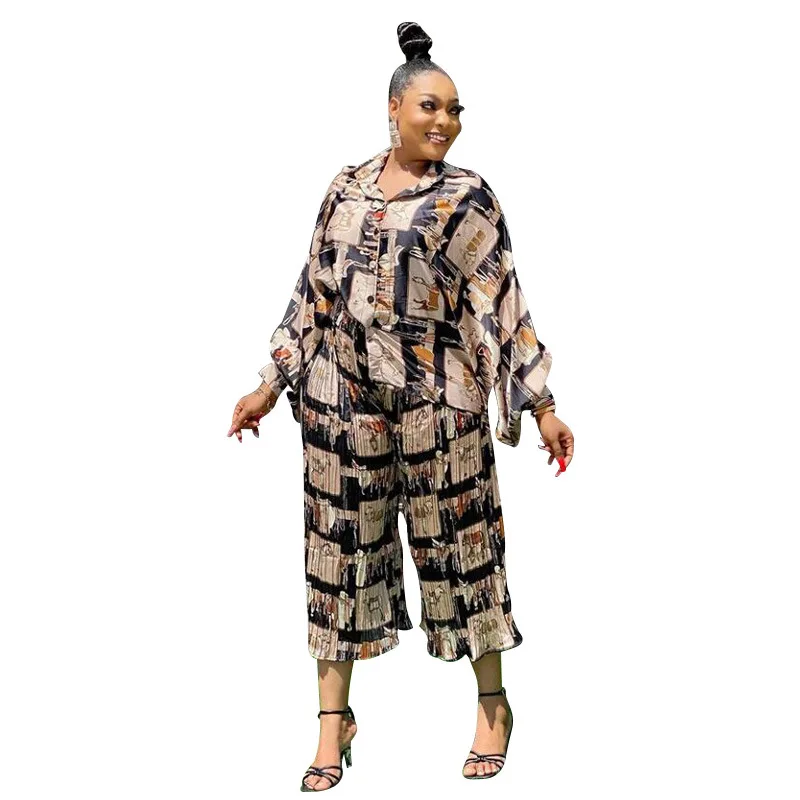 

Plus Size 2021 Women Autumn Casual Cartoon Print Outfits Fashion Turn-down Collar Lantern Sleeve Shirts Mid-Calf Loose Pants Set
