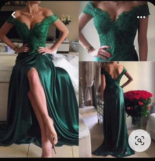 

Verngo Emerald Green Satin Lace Prom Dresses Off the Shoulder Front Slit Long Evening Gowns Mother of The Bride Party Dress
