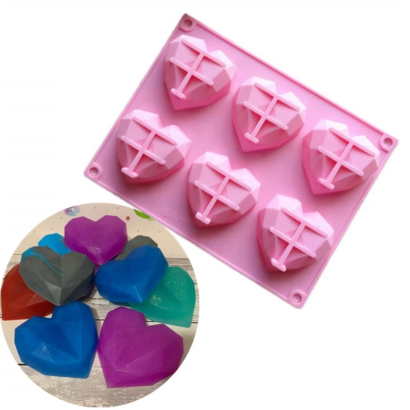 

6-Cavity Diamond Love Heart-Shaped Silicone Molds for Sponge Cakes Mousse Chocolate Dessert Bakeware Pastry Mould