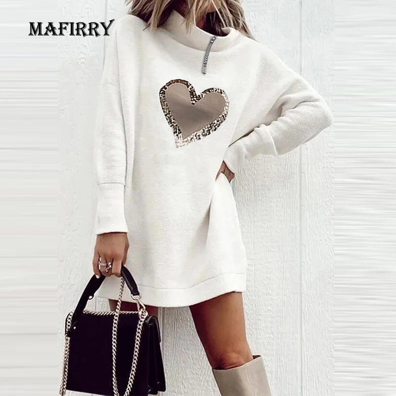 

Loose Zip Patchwork Women Round Neck Dress Long Sleeve Heart Print Loose Mini Dress Female Autumn Winter All-Match Outdoor Dress