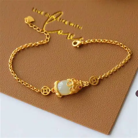 

Natural Hetian Jade Pi Xiu Bracelet S925 Sterling Silver Inlaid Ancient Art-Style Elegant Women's Lucky Bracelet to Give Mom