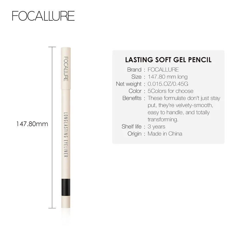 

FOCALLURE 1pc Waterproof Eyeliner Pencil Long-lasting Gel Easy To Wear Black Liner Pen Eye Makeup Eye Liner 4 colors to choose