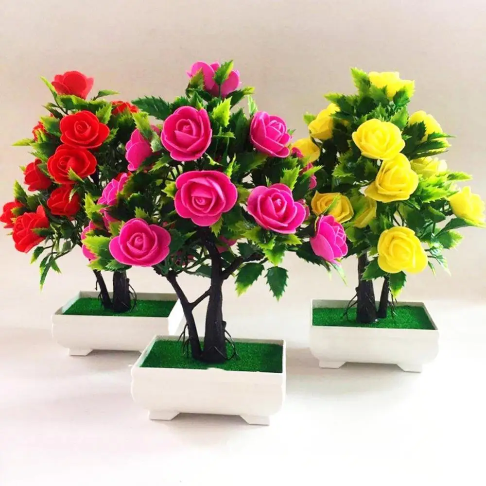 

40%HOTArtificial Flower Plant Rose Potted Bonsai Office Garden Desktop Ornament Decor