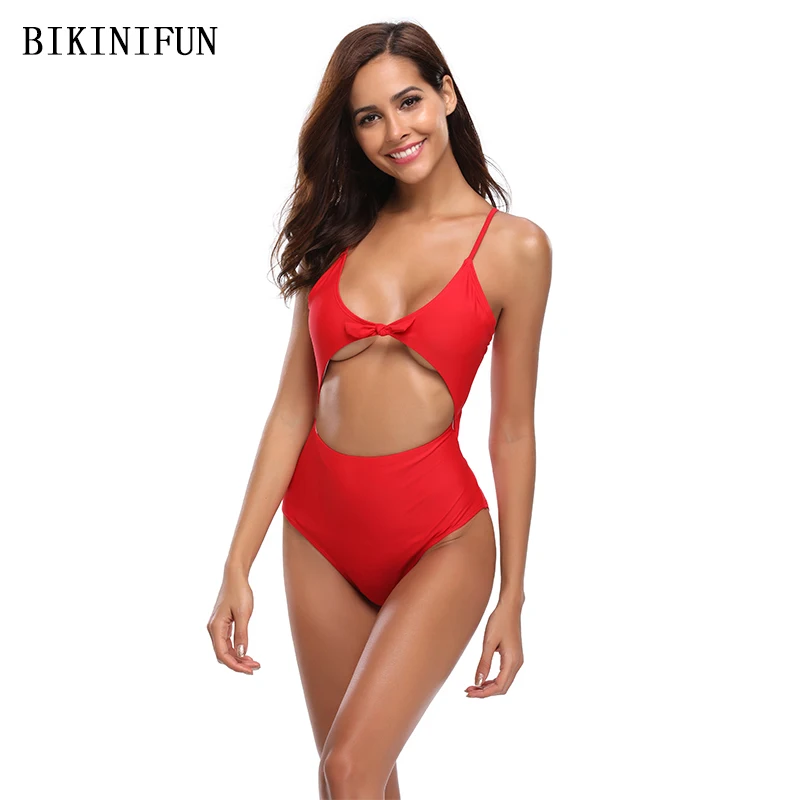 Новый сексуальный однотонный красный купальник Женский цельный костюм