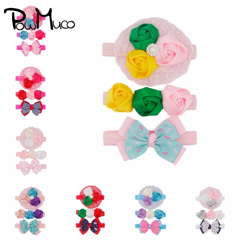 

Powmuco 3pcs/lot Double Layer Bowknot Elastic Infant Headband Handmade Rose Flowers Children Hairband Printed Baby Girl Headwear