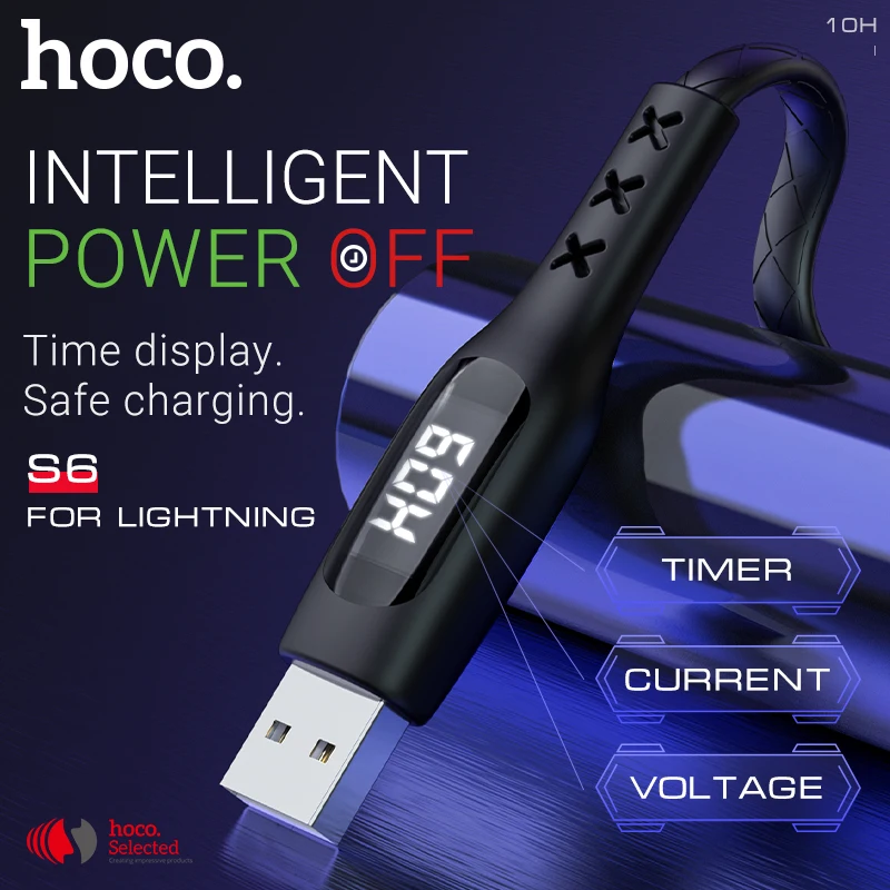 hoco usb зарядный кабель лайтнинг с таймером lightning передача данных таймер времени зарядки для iphone X XS XS Max XR 8 6 ipad 2 юсб провод зарядный шнурок для айфона айпада с дисплеем тока и напряжения зарядник
