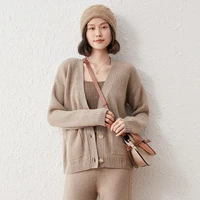 2021 new 100 pure cashmere solid color knitted cardigan jacket v neck slim casual womens high quality jacket
