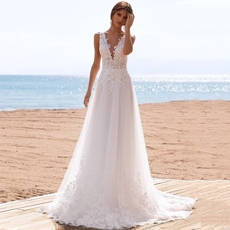 

Eightree Sexy Wedding Dresses Beach Boho Appliques Princess Bridal Dress Sweep Train A-Line Double V-Neck Plus Size Wedding Gown