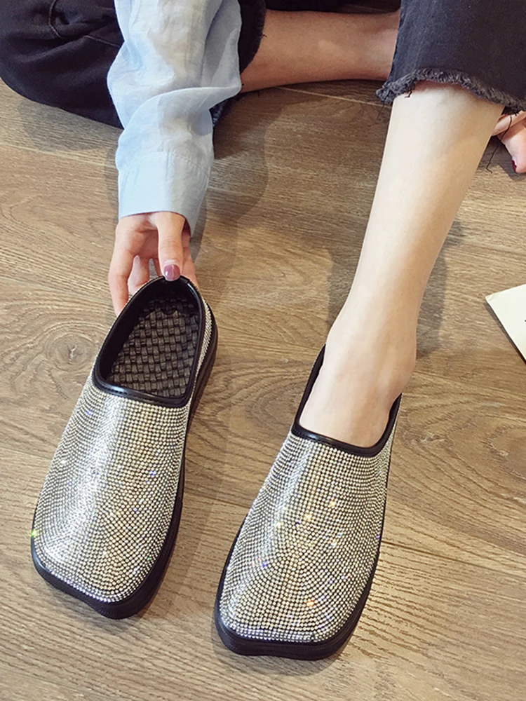 

Square head single shoes female 2020 new thick bottom rhinestone slippers non-slip mules