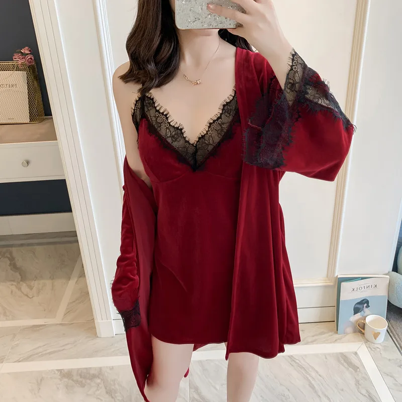 Женские зимние Бархатные теплые халаты кружевное сексуальное кимоно банный