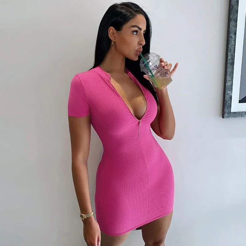 

Womens Short Sleeve Zipper Dress Summer Fashion Wild Turtleneck Knitted Bag Hip Dress