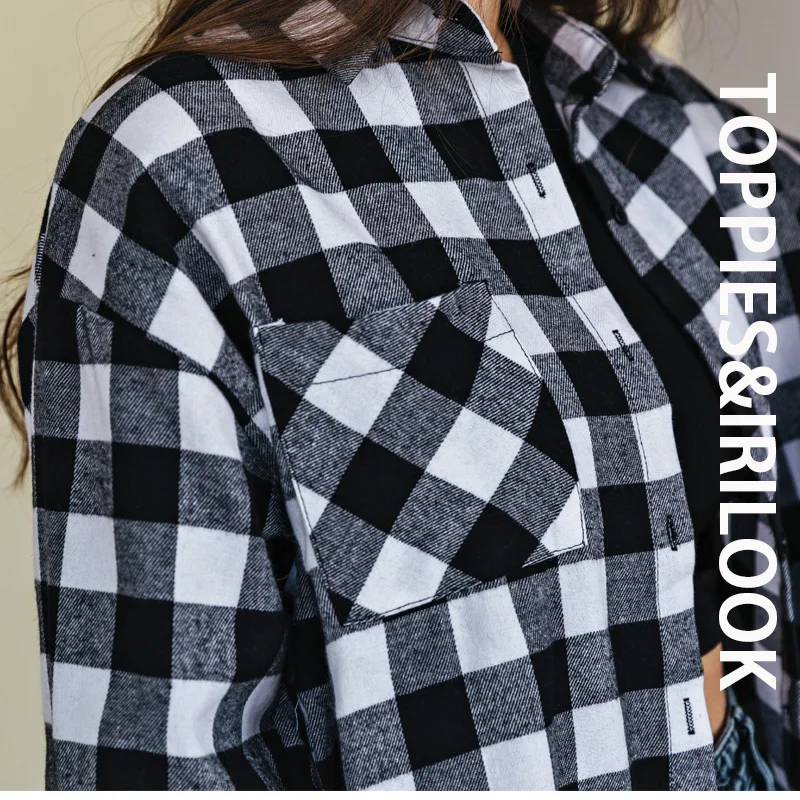 Женская хлопковая рубашка в клетку с длинным рукавом и передним карманом | одежда