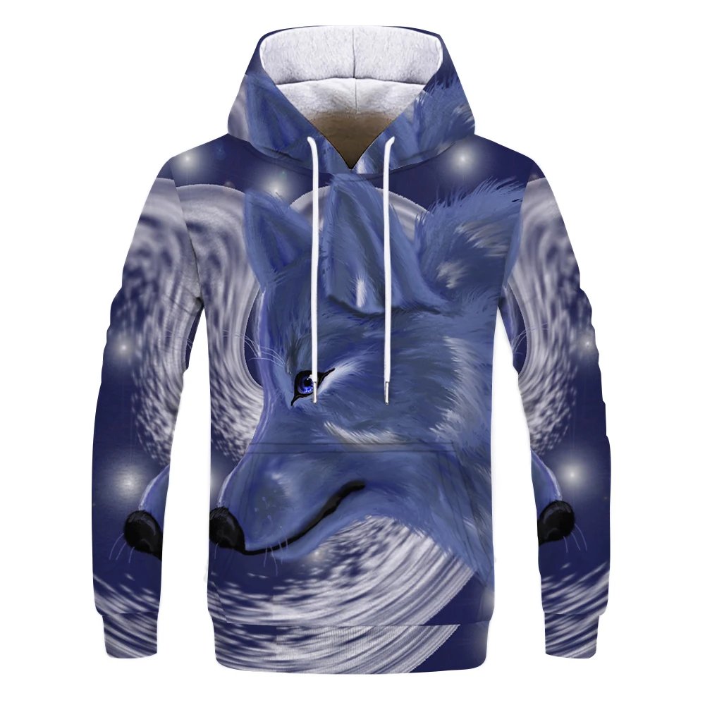

Streetwear creative fantasy 3D printing wolf fox autumn and winter men's sweater fashion animal hooded personality O-neck
