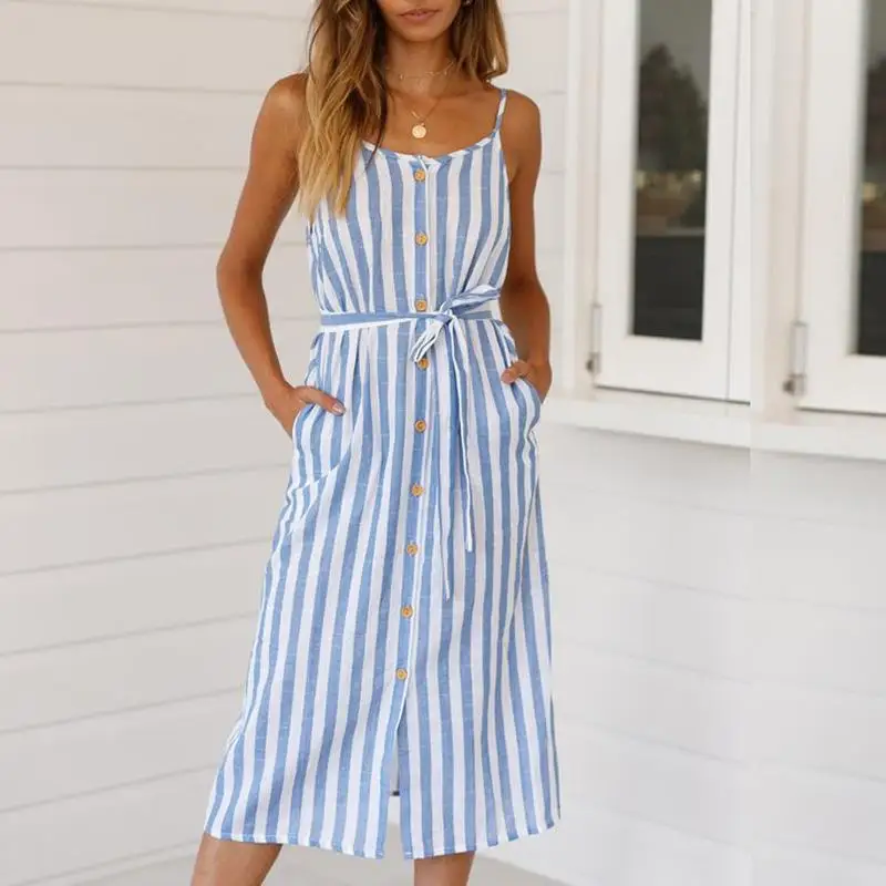 Женское платье в полоску ZITY летнее пляжное миди без рукавов на бретелях спагетти