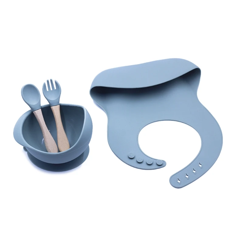 

4Pcs Feeding Set Food Grade Silicone Waterproof Bibs Baby Non-silp Suction Bowl Kids Tableware BPA Free Spoon Fork