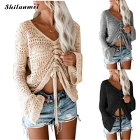 2022 long sleeve loose sweaters women knitted pullover sexy v neck lace up sweater hollow out pull femme causal jumper sweater