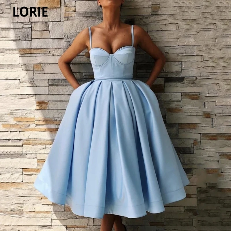 Elegante azul curto vestidos de baile querida cintas de espaguete cetim vestidos de festa na altura do joelho plissado a line vestidos de baile (0)