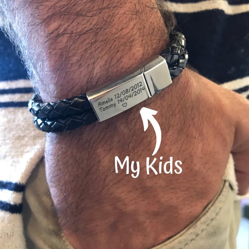 Мужские кожаные браслеты на заказ с гравировкой текстовое имя Дата сердце