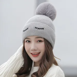 Female Cashmere Warm Knit Cap, Korean Version Wool Ball Cap Student Wool Cap Fashion Earmuff Cap