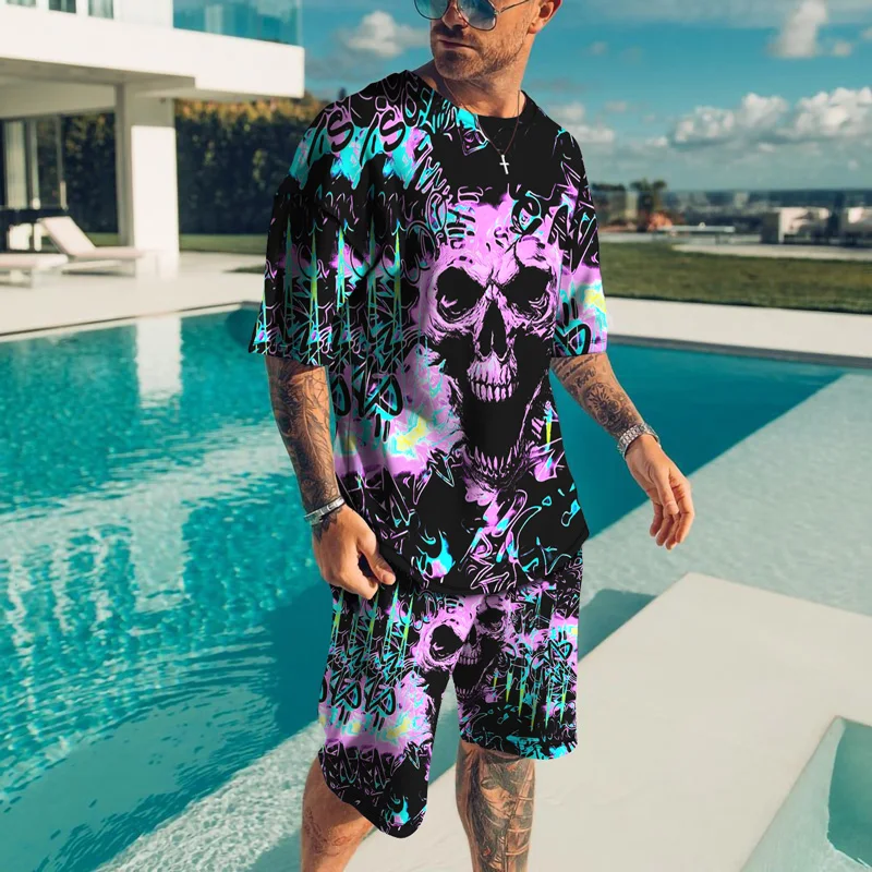 

Men Sets Summer Tracksuit Set Clothing For Men Casual Skull 2022 Short Sleeve T Shirt Shorts 2 Piece Male Tshirt Set Sweat Suit