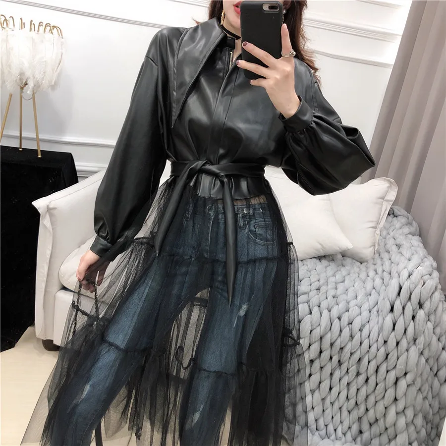 WHITNEY WANG осенне-зимняя модная уличная сетчатая юбка Лоскутная куртка из искусственной кожи женское пальто из искусственной кожи